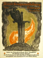 Plakat für eine Kriegsausstellung gesponsert vom Roten Kreuz Württ. Kriegsausstellung, 1916 Stuttgart Mai-September, um 1916